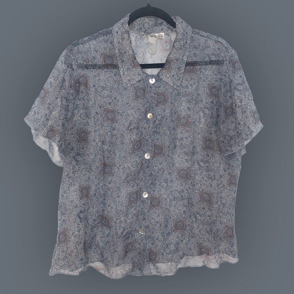 Light Blue, Paisley, Short-Sleeve, Sheer Button Up